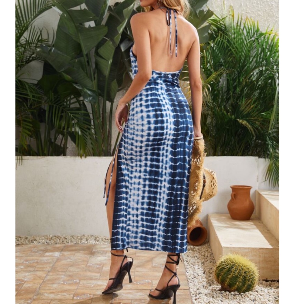 SOLD OUT CLEARANCE Blue Tie Dye Split Hem Halter Maxi Casual Dress - Picture 2 of 3